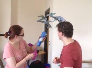Ffion and Dan trying to work out how pigeons fly